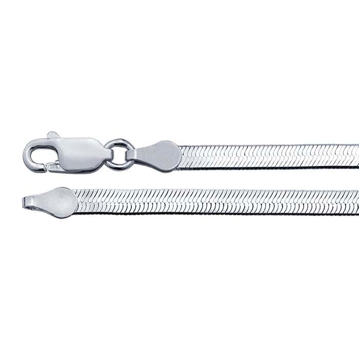 Close-up of Teko Gallery's flat sterling silver herringbone necklace chain with rhodium plating, showing the smooth reflective links and lobster clasp.