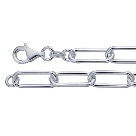 Close-up of Teko Gallery's sterling silver large link paperclip necklace, showing elongated rectangular links, polished finish and lobster clasp on white.