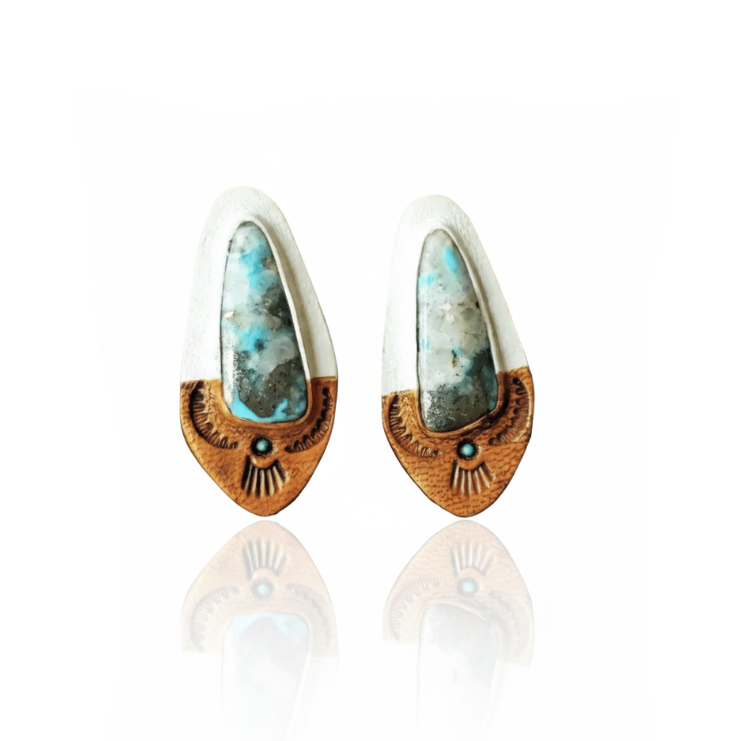 Handcrafted Thunderbird Earrings by Kelly Horrigan Handmade, featuring natural Campitos turquoise set in hand-tooled brown leather with sterling silver posts.