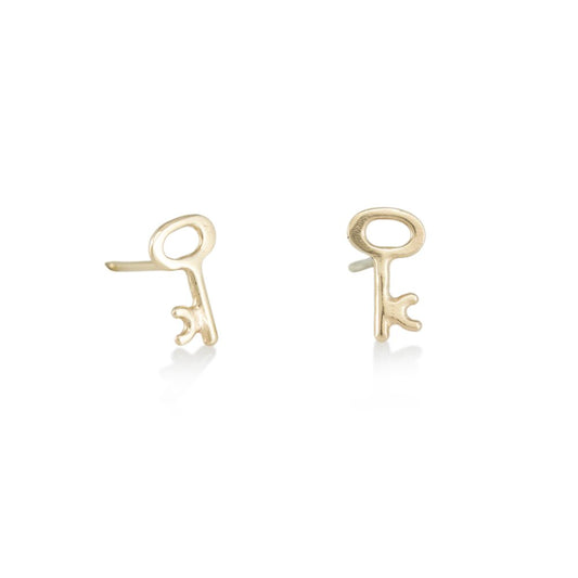 Tiny Gold Key Stud Earrings by Luana Coonen, handcrafted in solid 14k yellow gold with miniature key shapes and delicate gold posts.