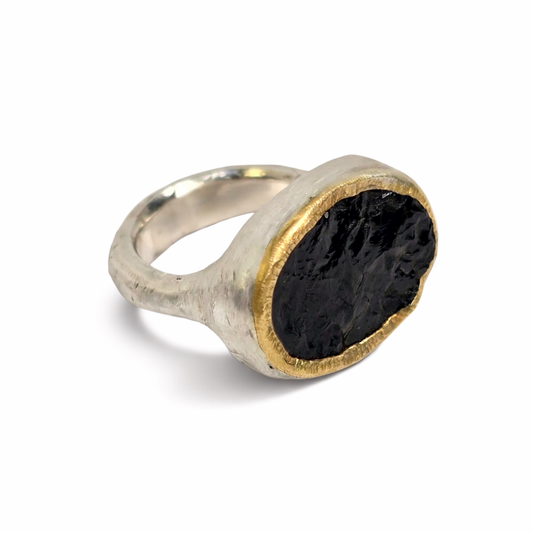 Rough Black Tourmaline Shine Ring - Sterling Silver & 22k Gold