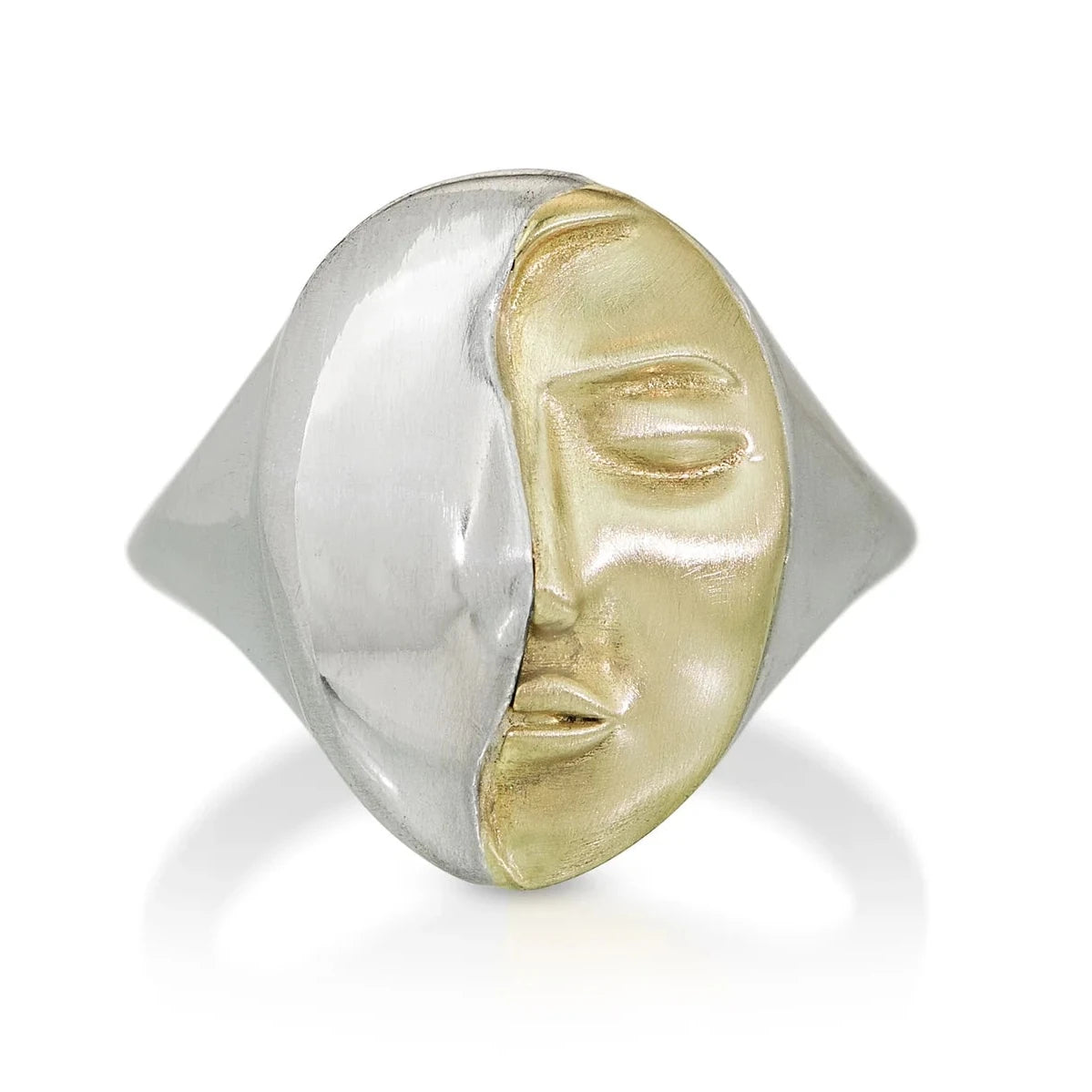 Truth Mixed Metal Ring by Michaela Farkasovska featuring a sculptural 14k yellow gold face surrounded by a sterling silver band.