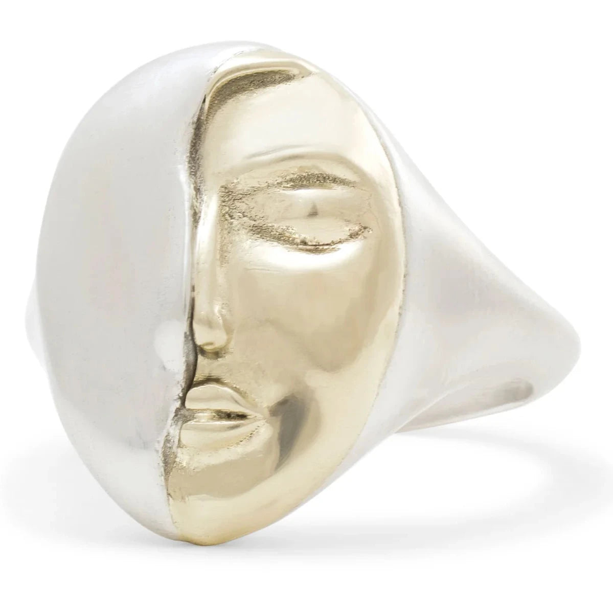 Side profile of the Truth Mixed Metal Ring showing its 14k yellow gold face framed by a sculptural sterling silver setting.