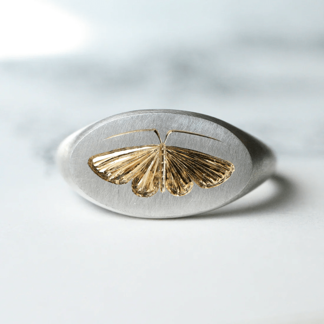 Close-up of a two-tone house moth ring featuring a sterling silver band with a gold engraved moth.