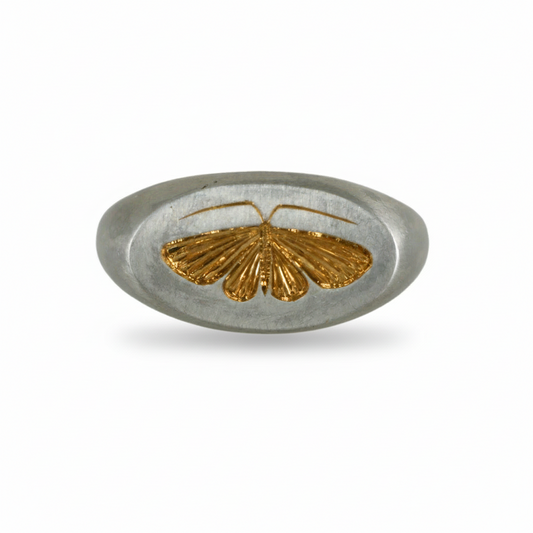 Front view of a two-tone house moth ring with a sterling silver band and gold engraved moth on a white background.