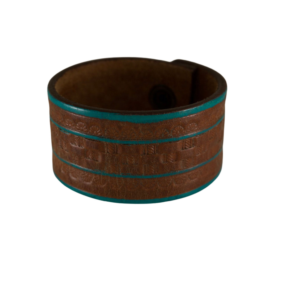 Brown repurposed leather cuff bracelet with turquoise-colored horizontal stripes and a rustic vintage finish.