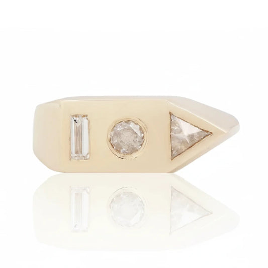 14k yellow gold Bauhaus signet ring by Adeline Jewelry featuring three white diamonds in triangle, rose-cut round and baguette shapes.