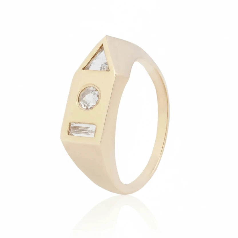 White Diamond Bauhaus Signet Ring - 14k Gold