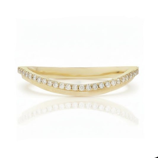 KIMA White Diamond Stepped Curve Band in solid 14k yellow gold, featuring a delicate curved silhouette with pavé-set white diamonds, designed for nesting and stacking.