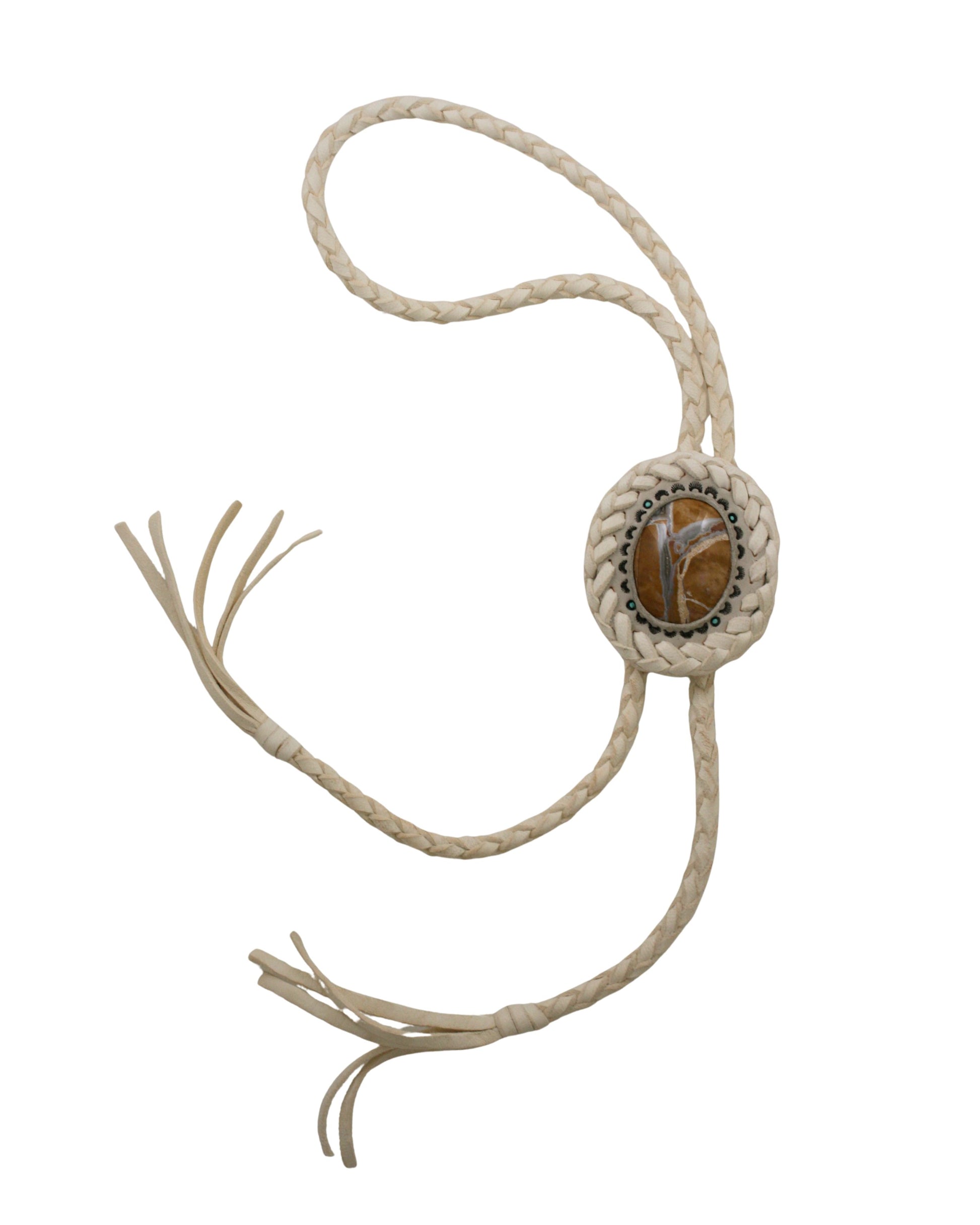 Hand-tooled leather bolo tie featuring a Willow Creek jasper stone, handmade by Kelly Horrigan at Teko Gallery.