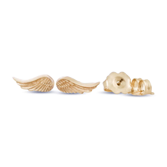 Multiple views of the 14k yellow gold Wing Stud Earrings showing their feather details, curved silhouette, and post-back design.